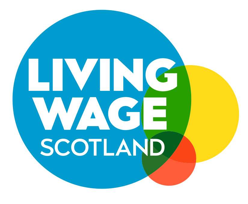 Living Wage Scotland logo with bold white text on a large blue circle, overlapping with smaller green, yellow, and red circles.